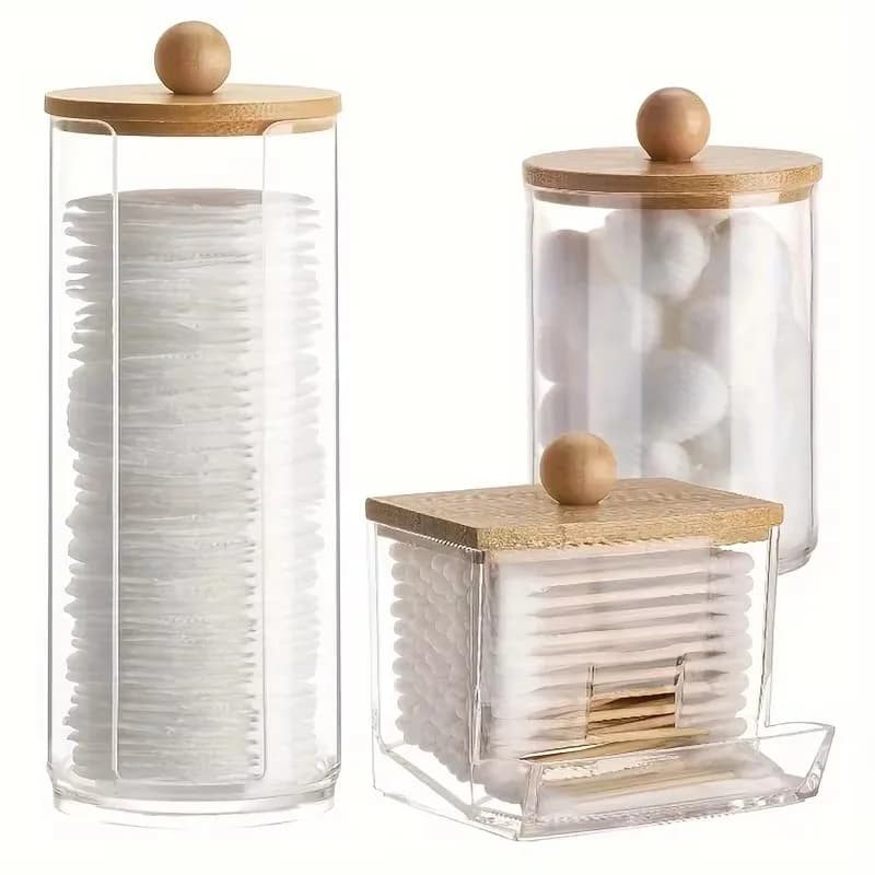 Set di accessori per organizer da bagno, portaoggetti per trucco con coperchi in plastica trasparente, dispenser per batuffoli di cotone/tamponi, barattolo per organizer