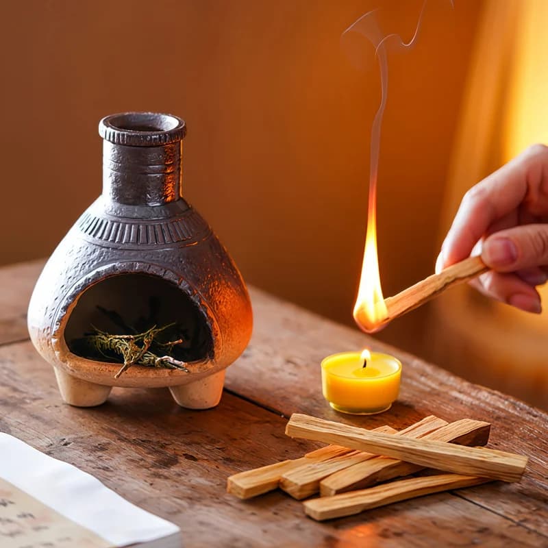 Handcrafted Clay Incense Burner Set with Wooden Stand for Incense Sticks Coils Safe Open Flame Home Decorative Aromatic Burner