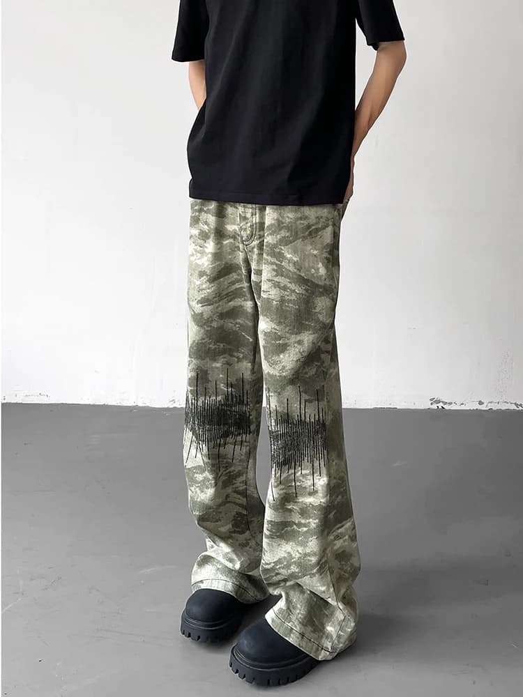 American Retro Embroidered Camouflage Work Pants Men Summer CleanFit Trousers Extended Long for Tall Vibe Flared Jeans