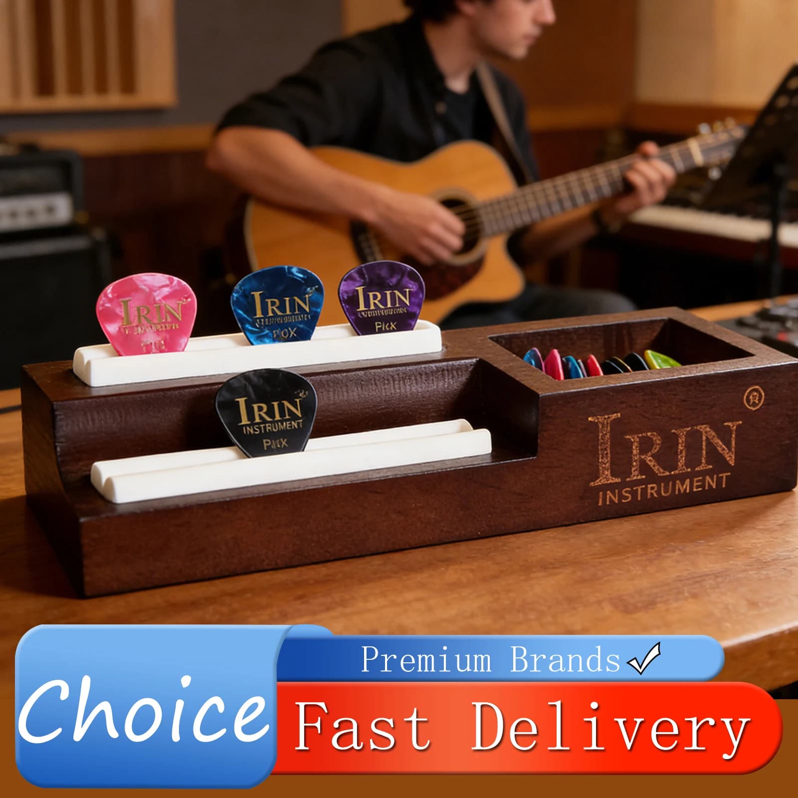 IRIN WPH-3 Solid Oak Guitar Pick Holder Box Wooden Plectrum Storage Organizer with Silicone Slots for Guitar Picks Accessories