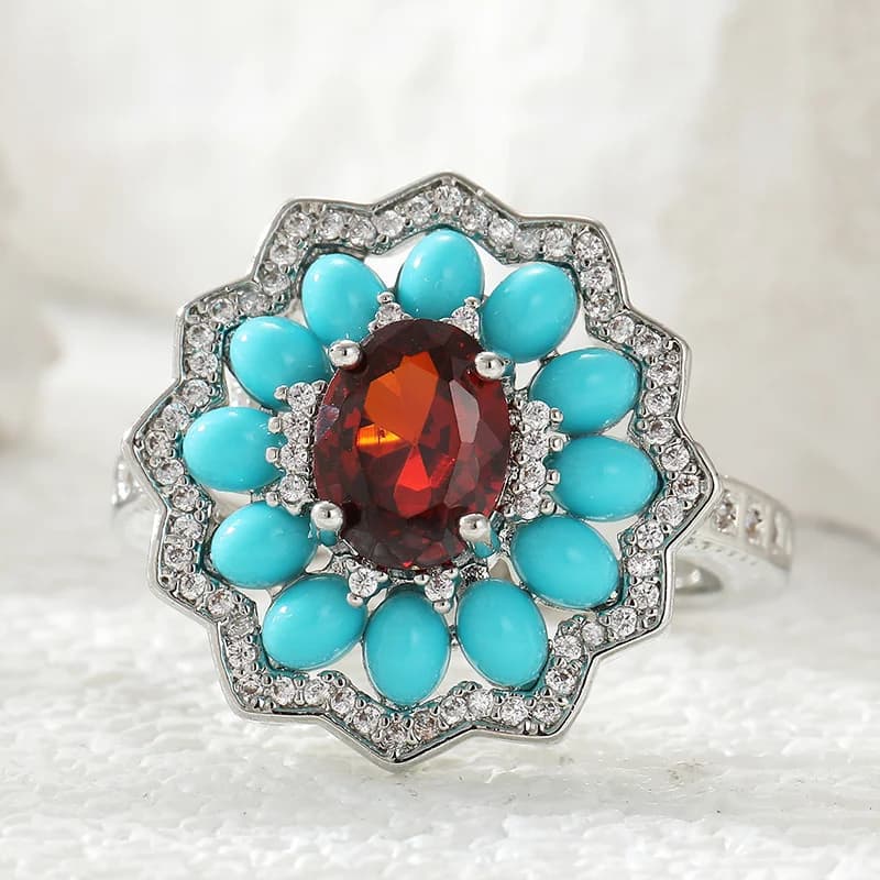 Vintage Luxury Flower Shaped Ring Inlay Synthetic Zircon Turquoise Feminine Temperament Ring Daily Dates And Banquets Jewelry