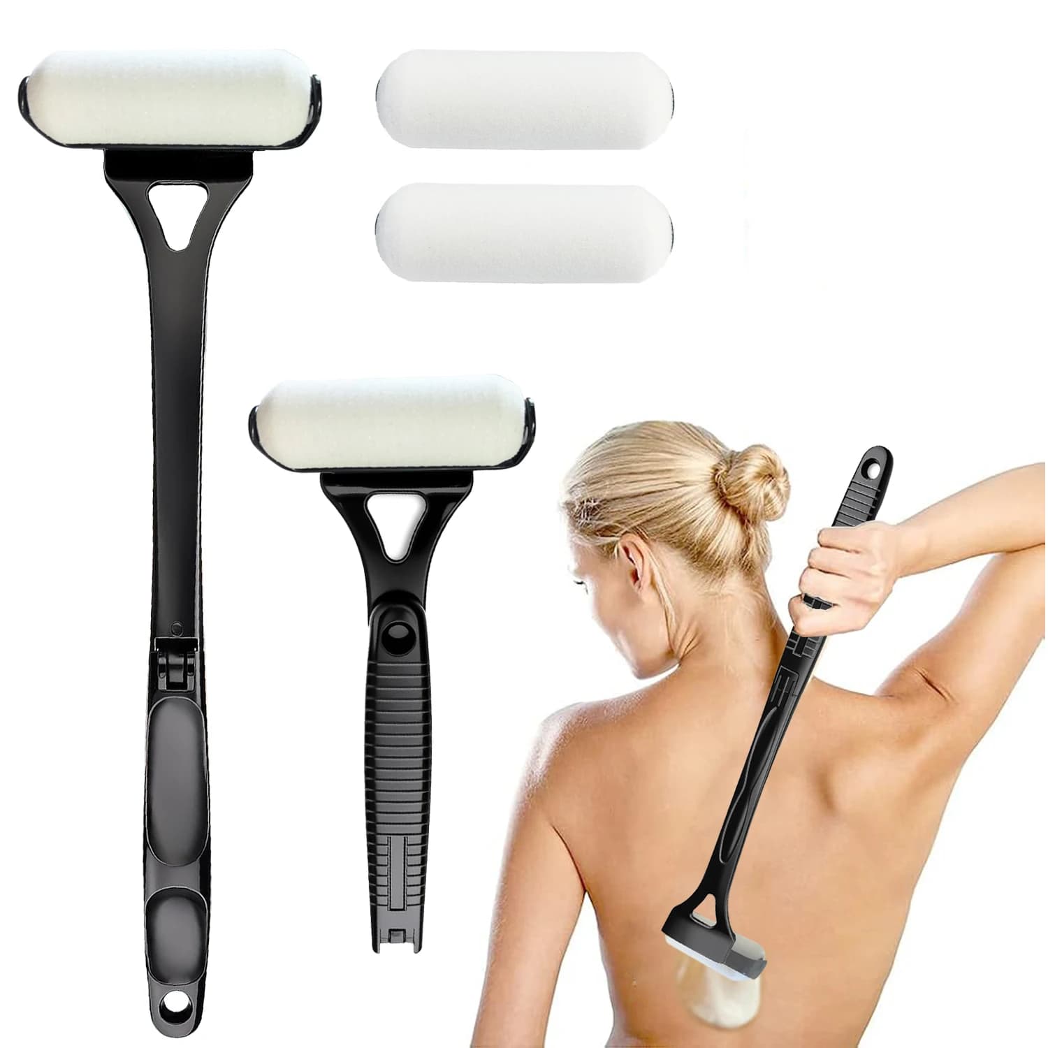 Applicatore per lozione Auto protezione solare Abbronzante Applicatore per la schiena Stick Manico lungo portatile pieghevole con due teste di ricambio