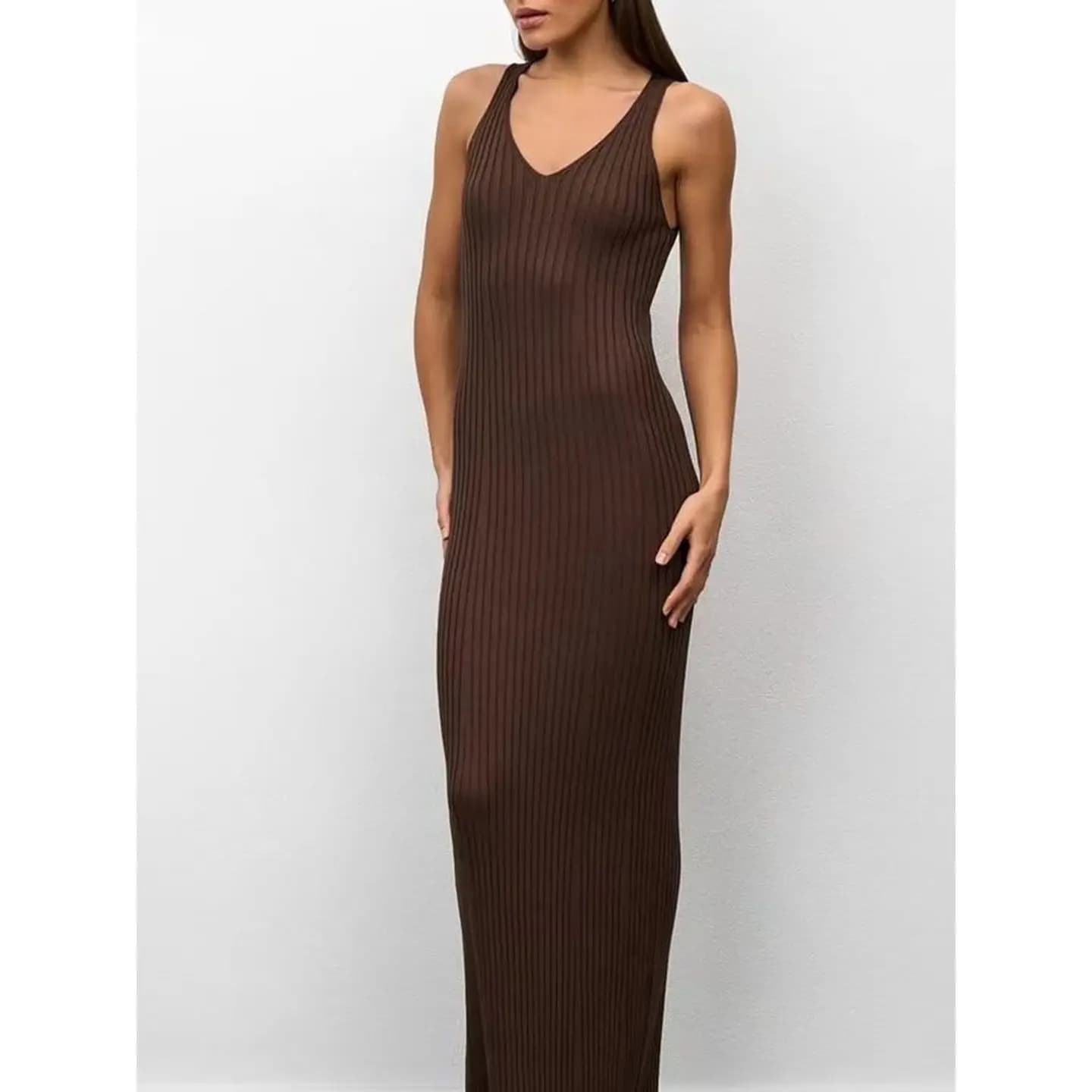 Sexy V-neck Sleeveless Knitted Vest Dress Long Evening Gown Women's Fashion Spring Collection Trendy Style Minimalist Design