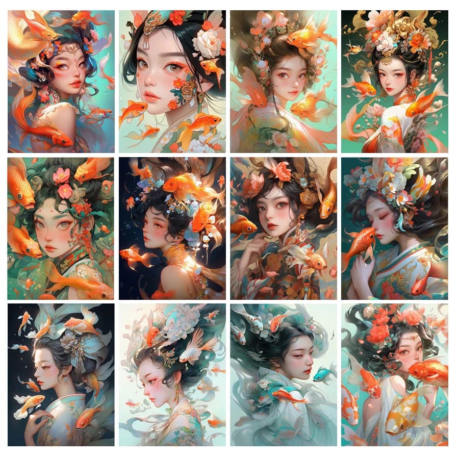 Girl Koi Carp Diamond Painting Cross Stitch Kits Diy Full Rhinestone Embroidery Fish Mosaic Picture Wall Decor Gift