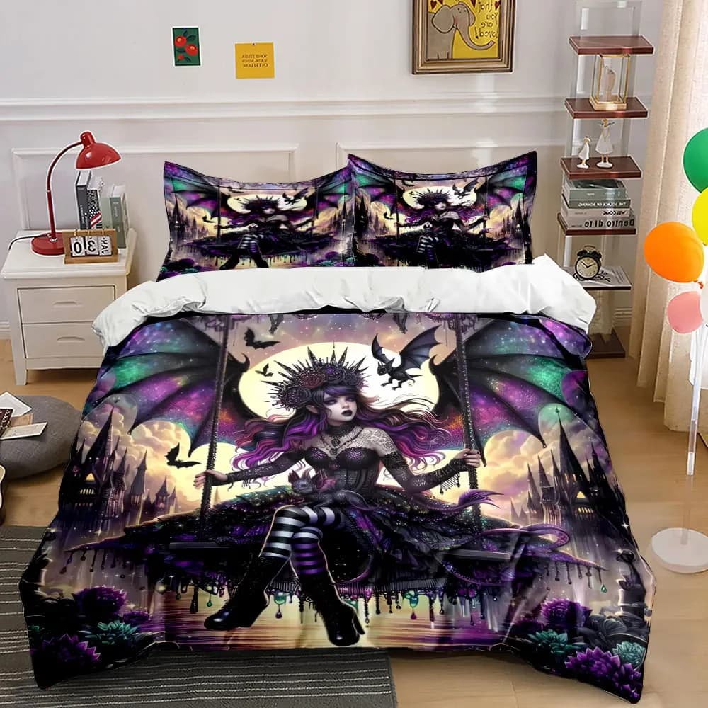 Set di biancheria da letto con copripiumino morbido e confortevole, stile gotico fantasy, include 1 copripiumino e 2 federe, idea regalo