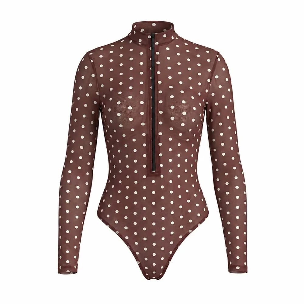 Polka Dot Long Sleeve Swimsuit High Neck Full Arm Coverage Bodysuit Swimwear Modest Style Slim Fit Long Sleeve Bathing Suit