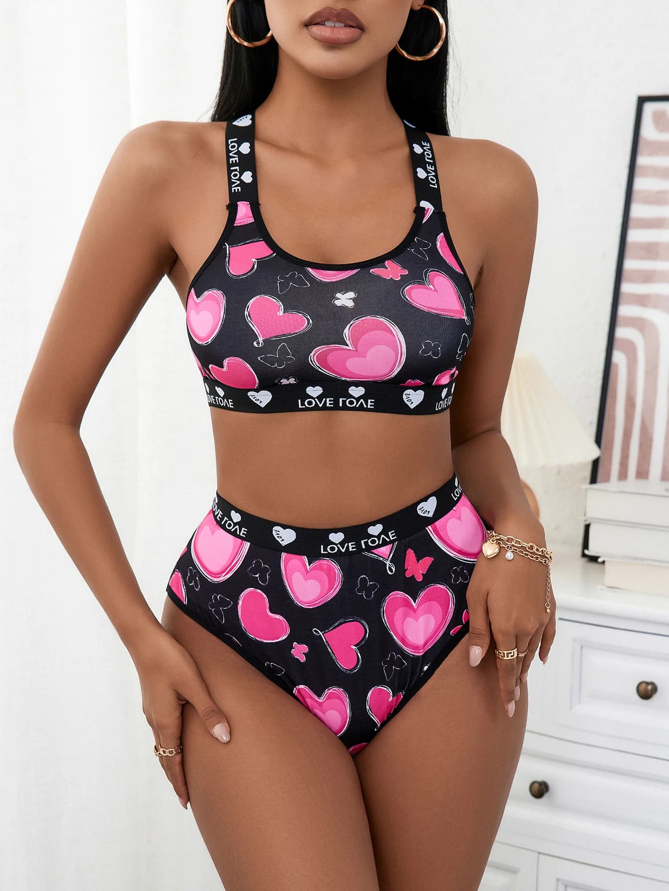 Print Lingerie Set for Women, Cross Back 2 Piece Underwear Set with Love Heart Letter Band, Soft Sleepwear Daily Wear