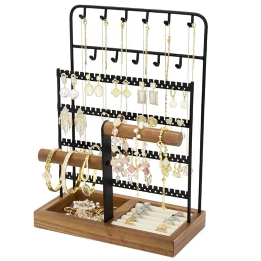 Jewelry Holder Organizer Stand 4-Tier Necklace Stand Earring Holder with Wooden Tray, Jewelry Rack for Bracelets Watches and Ri
