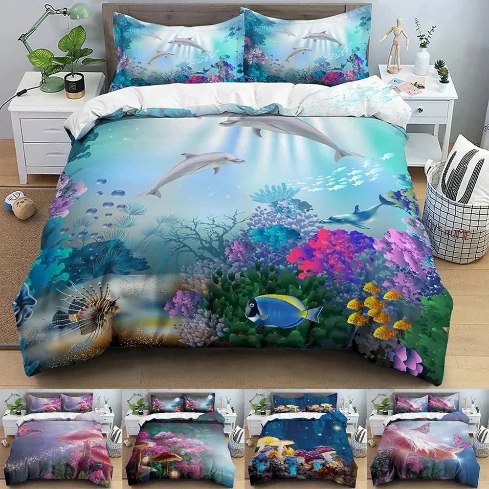 Set di Biancheria da Letto Dolphin Deep Sea, Copripiumino con Farfalle e Funghi, Copripiumino 3D Queen Twin King, Coperta Trapuntata, Tessili per la Casa