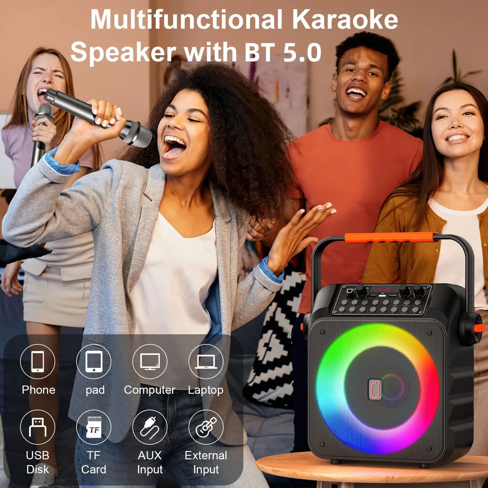 Macchina per Karaoke con 2 Microfoni Wireless, Altoparlante Portatile con Luci LED per Bambini e Adulti, Supporta Bluetooth/USB/TF/AUX