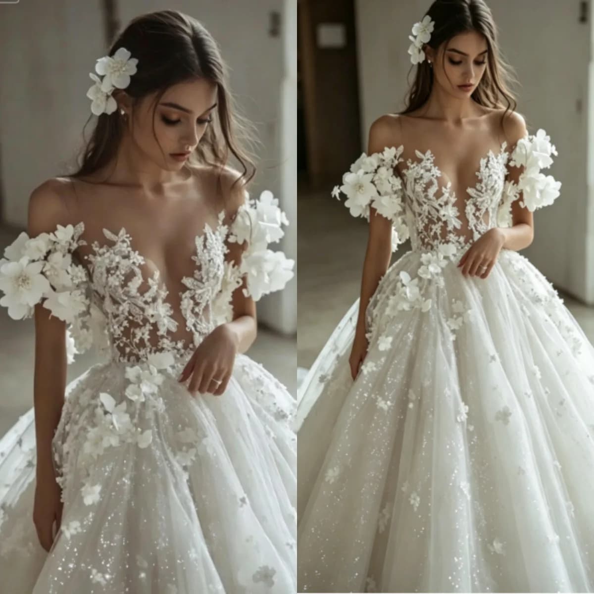 2026 Off Shoulder 3D Floral Ball Gown Wedding Dress Sheer Corset Deep V Neck Sparkly Tulle Bridal Gown Custom