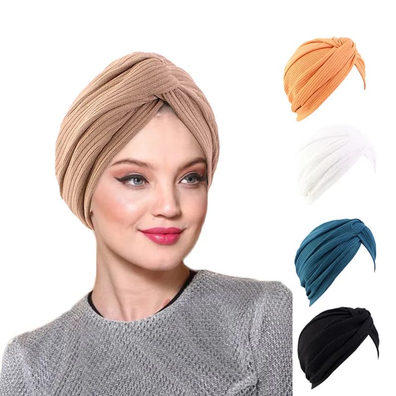 Nuove donne croce annodata a righe turbante berretto classico spesso avvolge la testa tinta unita elastico caldo testa sciarpa berretti berretto hijab musulmano