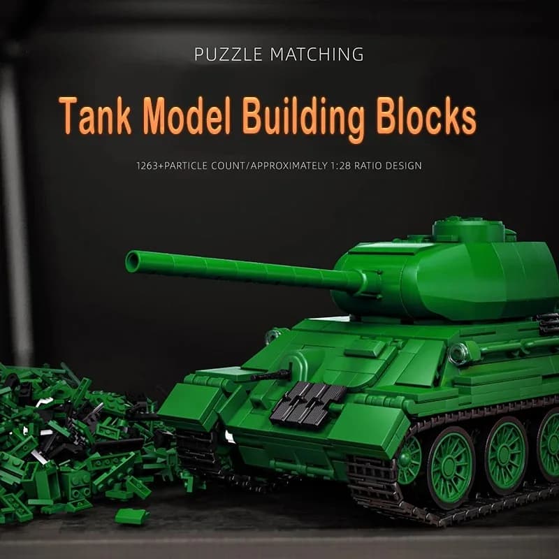 Kit Modello Carro Armato T34-85 - 1263 Pezzi, Design Sovietico della Seconda Guerra Mondiale, 360 ° Rotazione della Torretta, Moduli a Sgancio Rapido, Interni e Minifigure, MOC/DIY