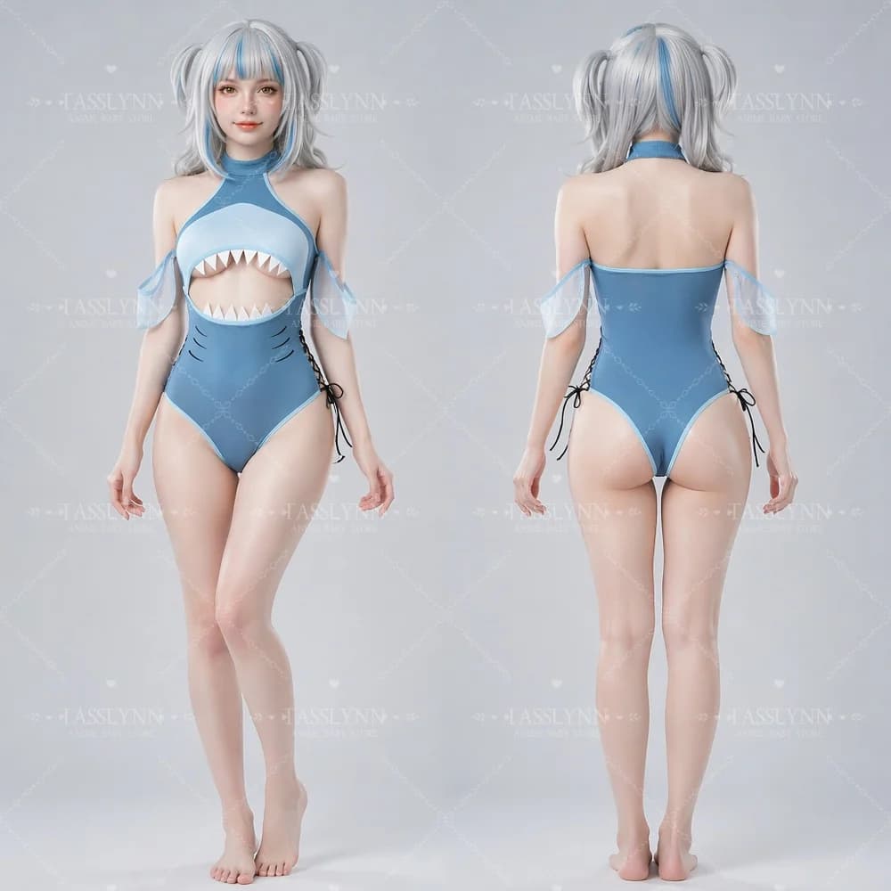 Hololive EN Gawr Gura Cosplay Outfit Shark Cutout Gradient Blue One Piece Swimsuit Vtuber Costume for Comic Con Pool Photoshoot