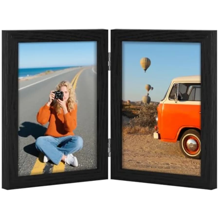 Double Picture Frame, Hinged 2 Opening MDF Photo Frames with Plexiglass, Vertical Tabletop Stand