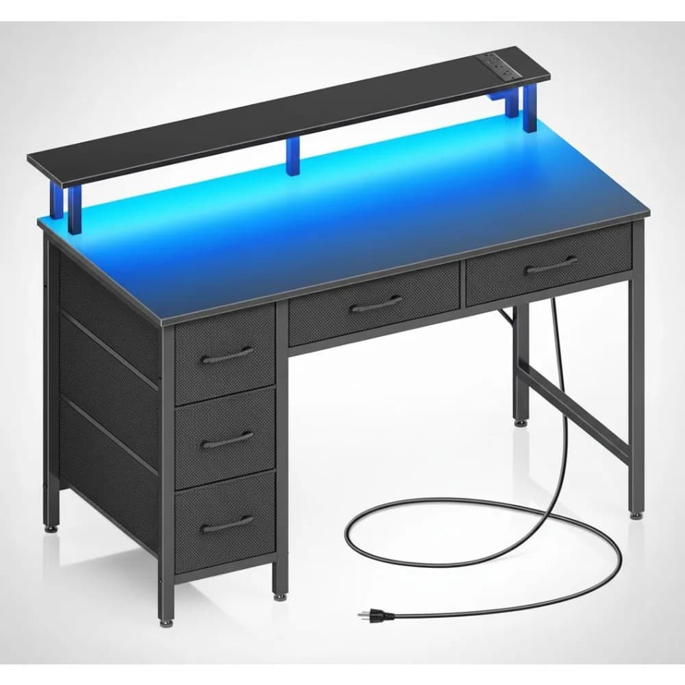 Scrivania da gioco da 39 pollici con prese di corrente, luci a LED e 5 cassetti, scrivania per ufficio domestico per giocatori e professionisti