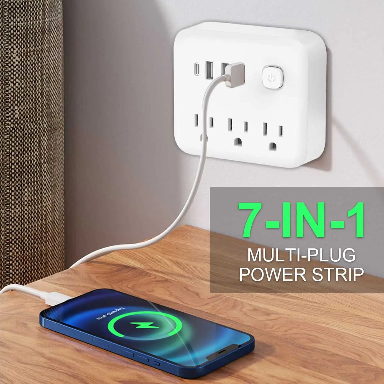 Multipresa da Viaggio 7-in-1: 3 Prese AC, 3 Porte USB + USB-C, Protezione da Sovratensioni con Interruttore - Adattatore Universale per Casa/Ufficio/Hotel
