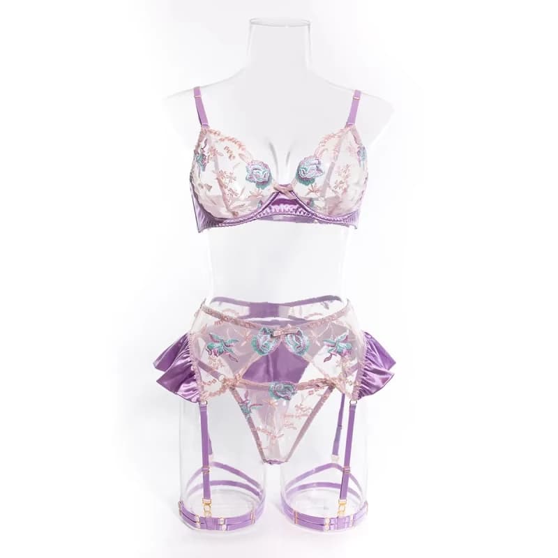 Set di quattro pezzi di lingerie in raso ricamato a blocchi di colore, costume da bagno sexy alla moda.