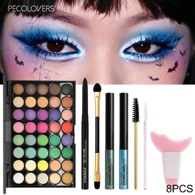 8PCS Face Set, Multi-color Eye Shadow Plate+eye Black+eyeliner Pen+makeup Tools, Waterproof and Durable, Halloween Makeup