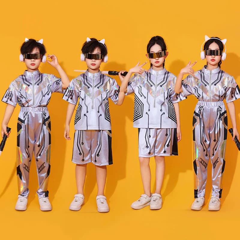 Costume da ballo jazz argento per bambini, abbigliamento futuristico per spettacoli, outfit da palcoscenico per la scuola, top e pantaloncini da cheerleading VDL5479