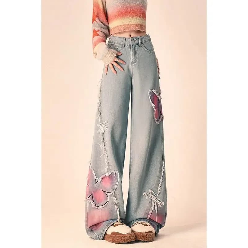 2024 American Vintage Summer New Print Design Jeans con bordo in peluche tasche con cerniera con bottoni da donna pantaloni dritti a gamba larga
