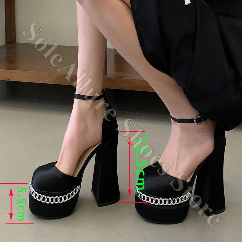 Satin Mary Jane Heels Satin Upper Chain Decor Ankle Strap Non Slip Comfortable Cushioned Supportive Lightweight Lady Party Shoes