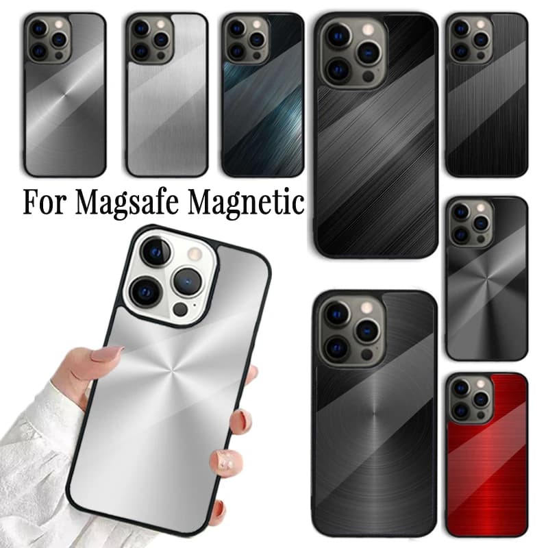 Cover per iPhone in Acciaio con Texture Metallo Spazzolato per iPhone 17 AIR 16 15 14 13 12 11 Pro Max Plus, Guscio Magnetico Wireless Magsafe