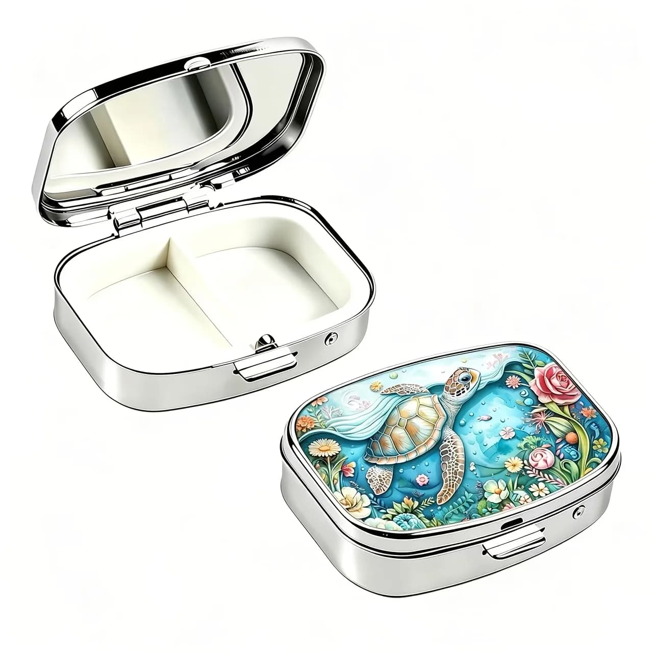 Ocean Turtle Print Mini Pill Box, Double Compartment Metal Pill Organizer, Portable Floral Underwater Style Pill Case, Suitable for Vitamins and Supplements, Cute and Unique Travel Pill Box