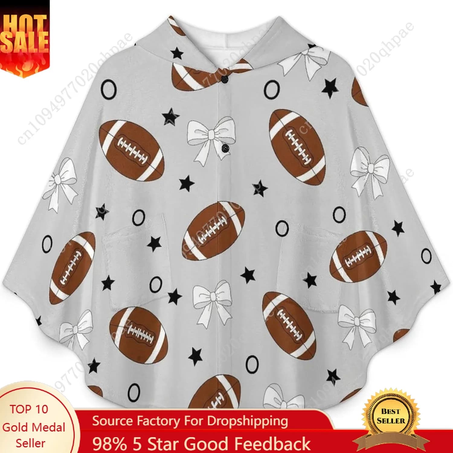 Comfortable flannel-covered sweater, oversized hoodie with football bow stars with pockets for children and adolescents