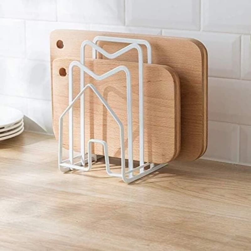 1Pc Pot Pan Lid Holder White Chopping Board Rack Cutting Board Organiser Display Stand Thin Bakeware Baking Tray Kitchen Countertop Cupboards Cabinet Office Heavy Duty Metal 12.5x14.5x21.5cm