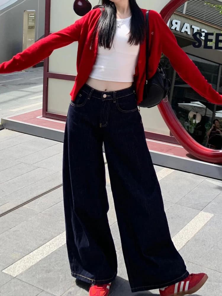 American Retro High Waist Wide Leg Jeans Women's Autumn Winter New Loose Slimming Straight Floor-Length Pants Casual Style