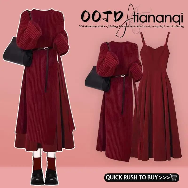 Completo due pezzi in maglia rossa con cintura, abito sottile a spalline, stile casual autunno inverno, moda donna