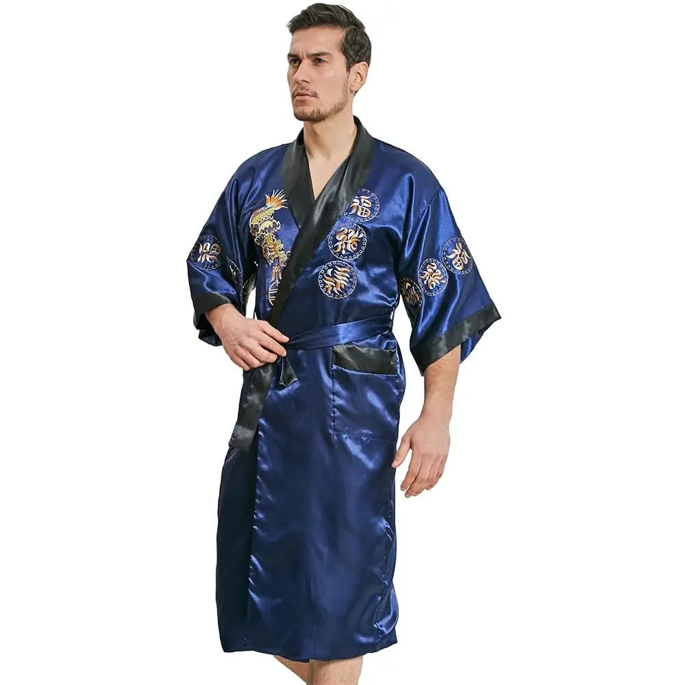 Accappatoio da uomo in stile kimono in raso per il relax (Serie Dragon/Camicia da notte) con asciugamano