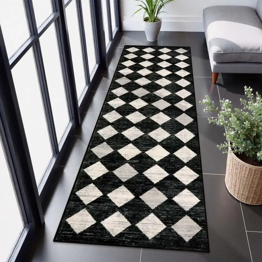 Carpet runner Moroccan in traliccio 2x8 Carpet runner black corridor with rubber support, anti-slip kitchen runners with washable squares