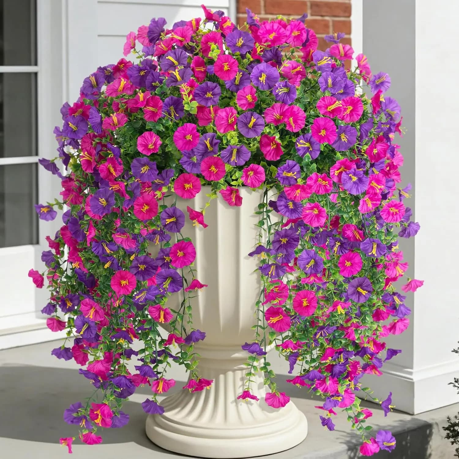 2 PCS Artificial Hanging Flowers Silk Morning Glory Faux Flowers Spring Summer UV Resistant Realistic Greenery Garden Decor
