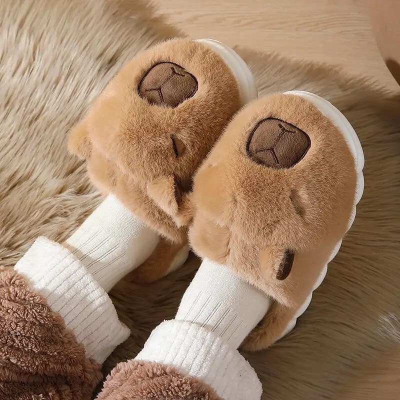 Women's Fashionable Capybara Animated Cardboard 2025 Hot synthetic fur bedroom Slippers with soft and often winter background