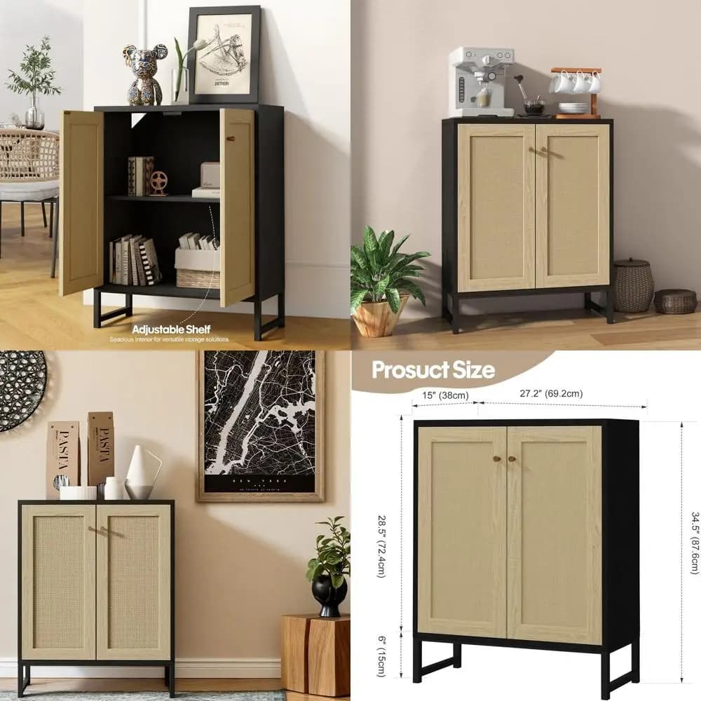 2-door black rattan storage cabinet for living room and kitchen, accent buffet table