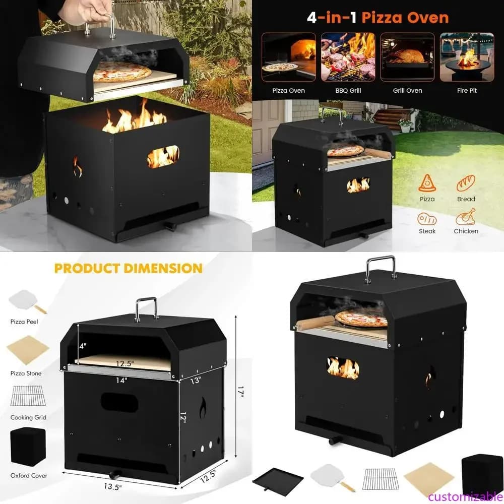 Forno per Pizza a Legna 4-in-1 da Esterno con Pietra per Pizza da 12 Pollici, Pala per Pizza, Copertura Impermeabile e Accessori per Grigliare