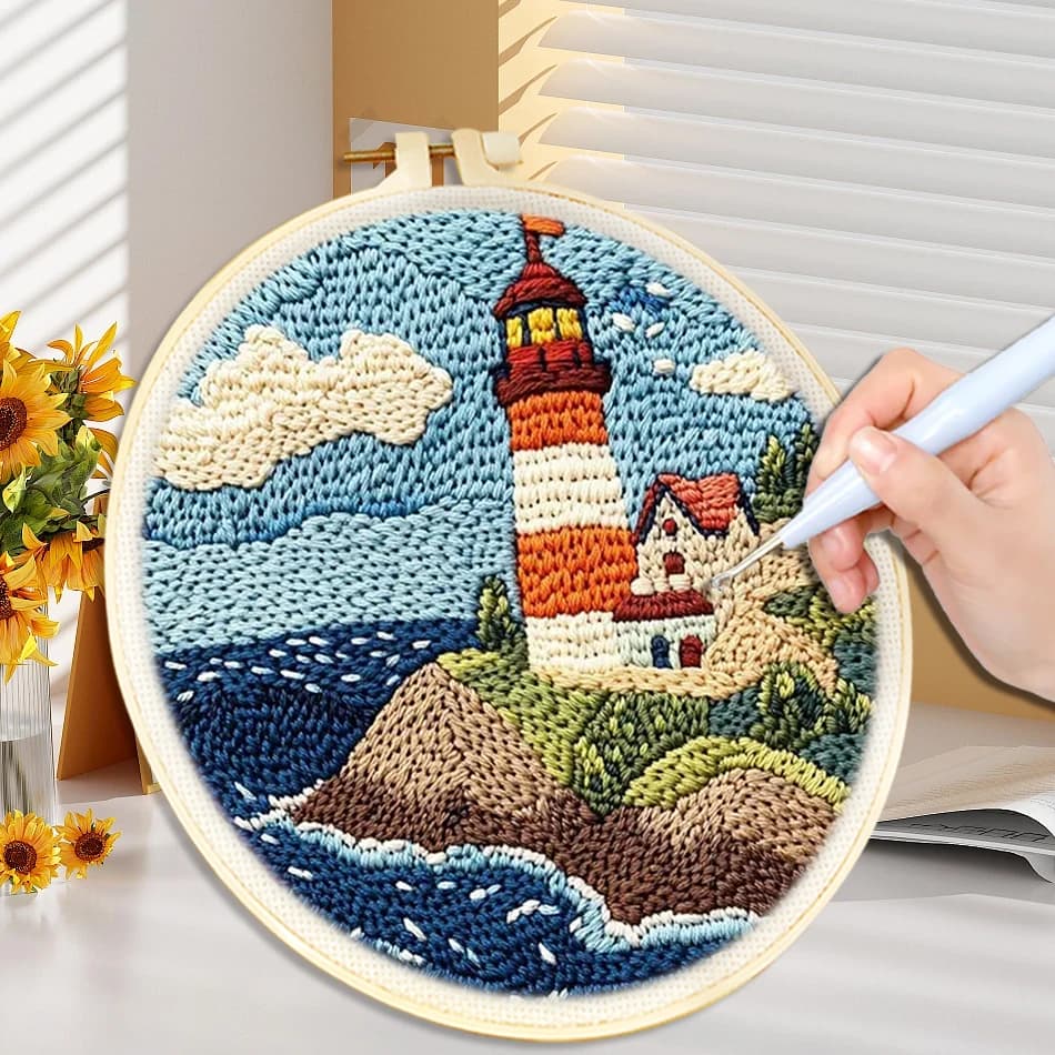 Kit Fai da Te per Ricamo Punch Needle - Paesaggio Faro - Kit Fai da Te per Decorazioni Casa, Pittura Artigianale, Arte con l'ago, Cucito