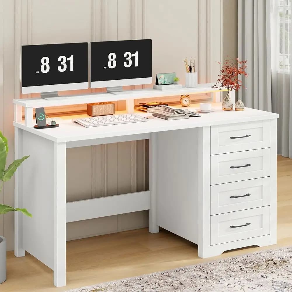 Scrivania direzionale moderna da 47 pollici con supporto per monitor e illuminazione a LED, 4 cassetti, bianca
