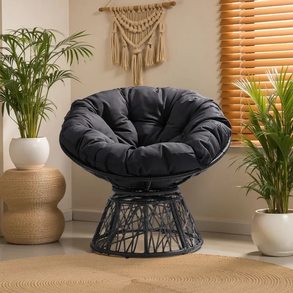 Sedia a dondolo a forma di uovo in rattan nero con cuscino beige, girevole, per interni/esterni, modello Garden 3