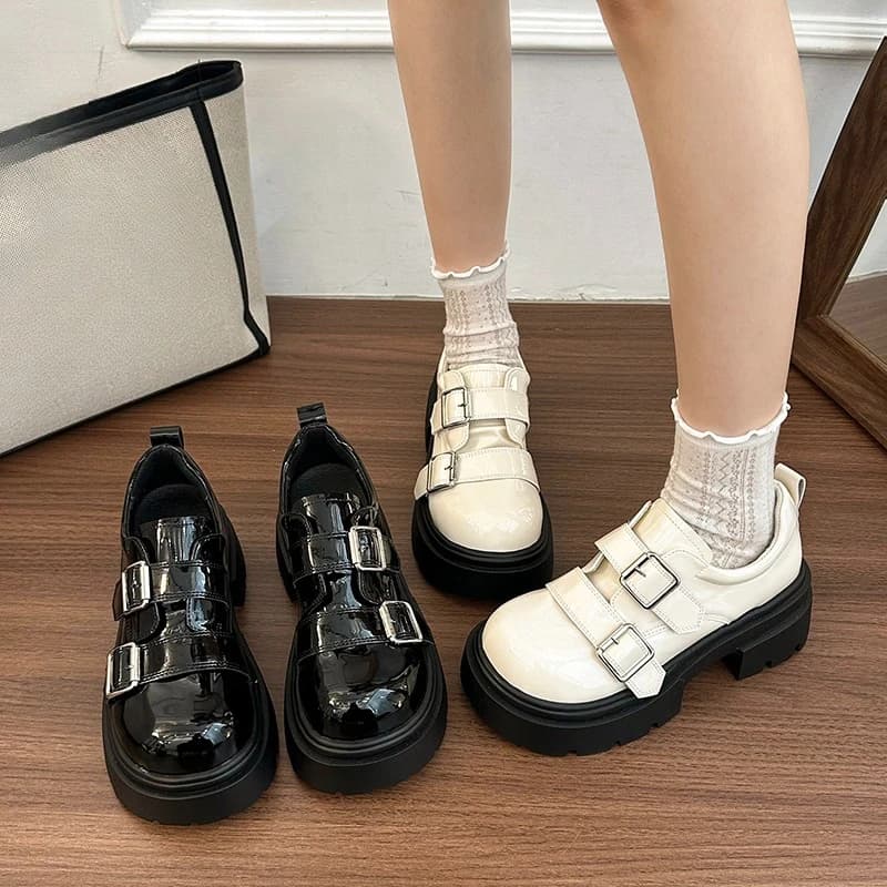 Shoes with Block and Bucket heel, Women's Vintage Moccassini with Round Toe, Anti-slip Deep Platform