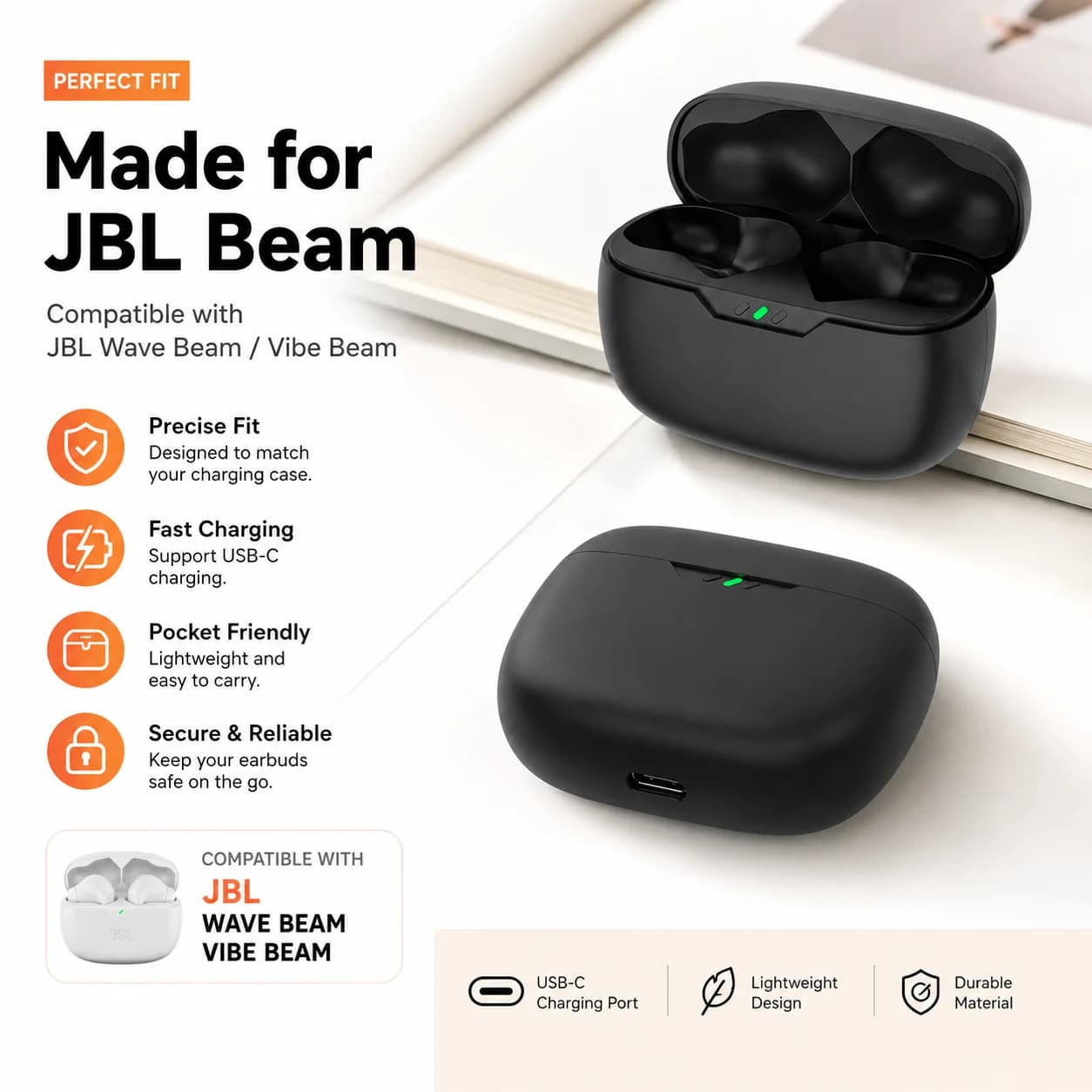 Charging Case For JBL Wave Beam/JBL Vibe Beam 600mAh Type-C Compatible Replacement Case Only,No Earbuds 1PCS Black Case
