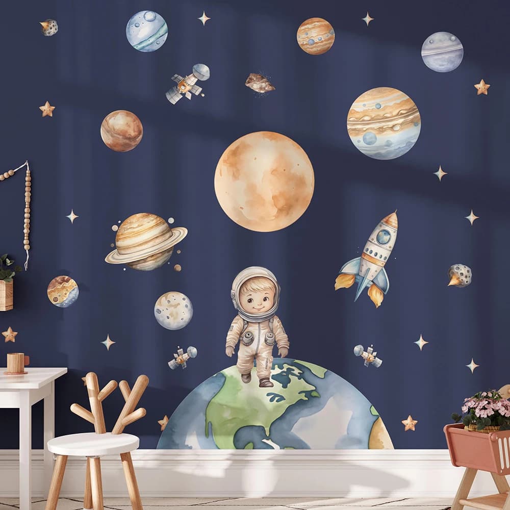Grande spazio e galassia Razzo Astronauta Adesivo da parete Camera dei bambini Bambini Spazio esterno Razzo Nave Sistema solare Adesivo da parete Sala giochi