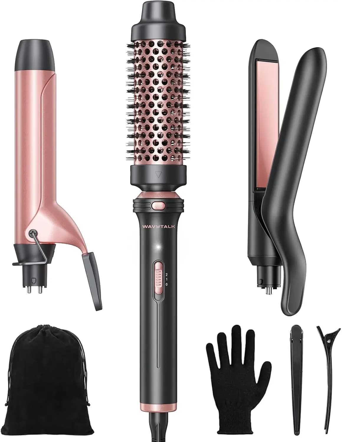 Set Arricciacapelli 3-in-1 con Spazzola Rotonda Riscaldata, Piastra Lisciante, Ferro Arricciacapelli a Doppio Voltaggio per Styling Versatile
