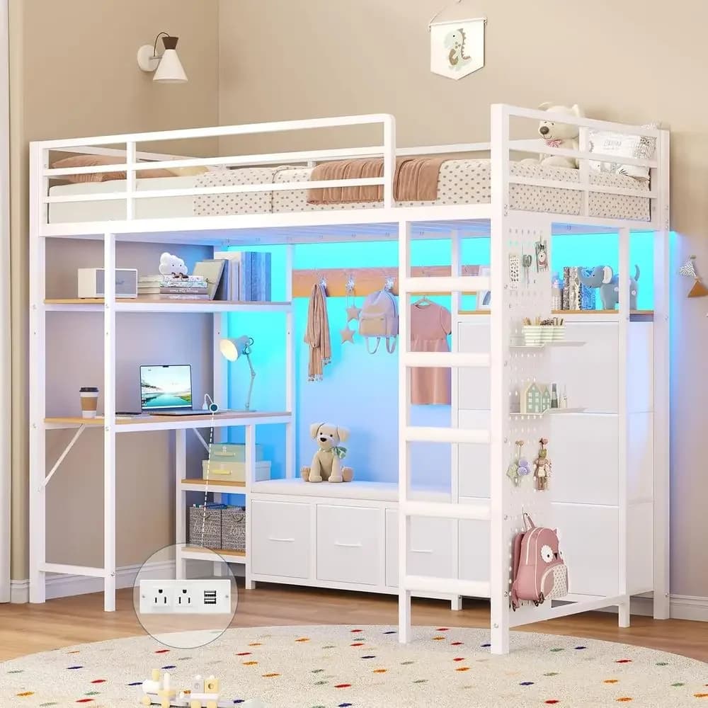 Twin Size Metal Bed with Desk, Storage Drawers, Hall Tree, Pegboard, LED Lights, Charging Station, Safety Rail, Ladder - No Box