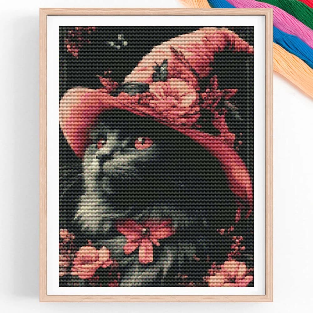 Kit Fai-da-Te per Ricamo a Punto Croce, Cappello da Mago per Gatto, Decorazione Floreale e Animale, Regalo Artigianale per Casa