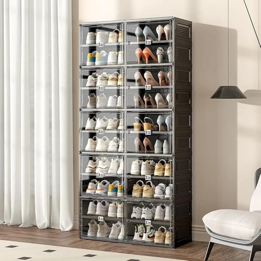 Shoe Rack Organizer Cabinet or Closet Entryway,Clear Shoe Storage Boxes Stackable Sneaker Storage with Door Easy Assembly