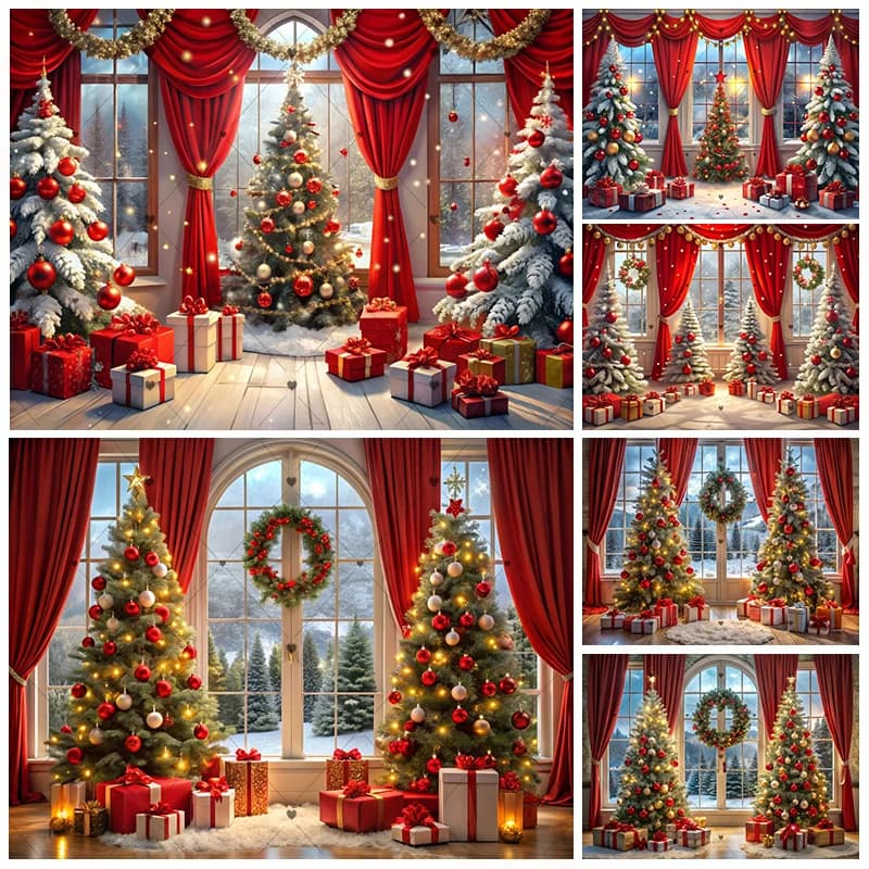 2025 Sfondi natalizi per fotografie Albero di Natale Tenda rossa Regalo Kid Bambini Ritratto Capodanno Decorazioni per feste Sfondo Studio