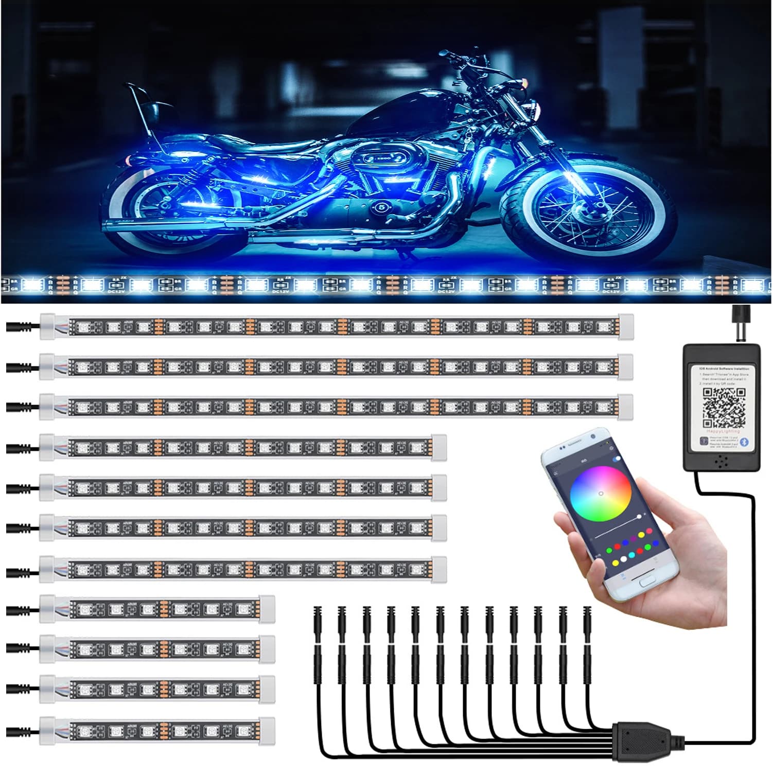 12 PCS Motorcycle LED Light kit, Application Controlled multi-color waterproof light strip multiple scene mode RGB DC 12V 5050
